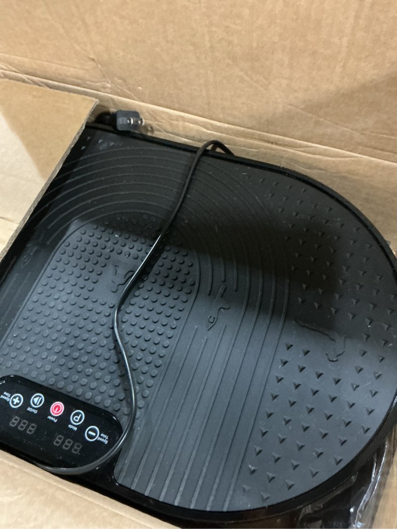Condition photo showing As Is for vibration plate exercise machine with resistance bands for weight loss, 120 speed levels, remote control, compact home gym equipment black