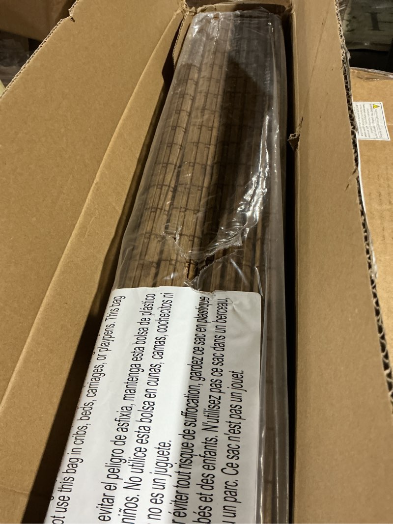 Condition photo showing Good Condition for lazblinds cordless bamboo roman shades, privacy blinds for interior windows, room darkening roll up bamboo blinds for home & patio, 33.5" w x 64" h, highfield teak pricacy - highfield teak 33 1/2" w x 64" h