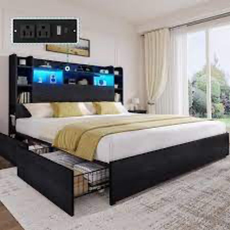  incomplete  missing box 2 /dwvo king size bed frame with 4 storage drawers and rgb led lights, velvet upholstered platform bed 
