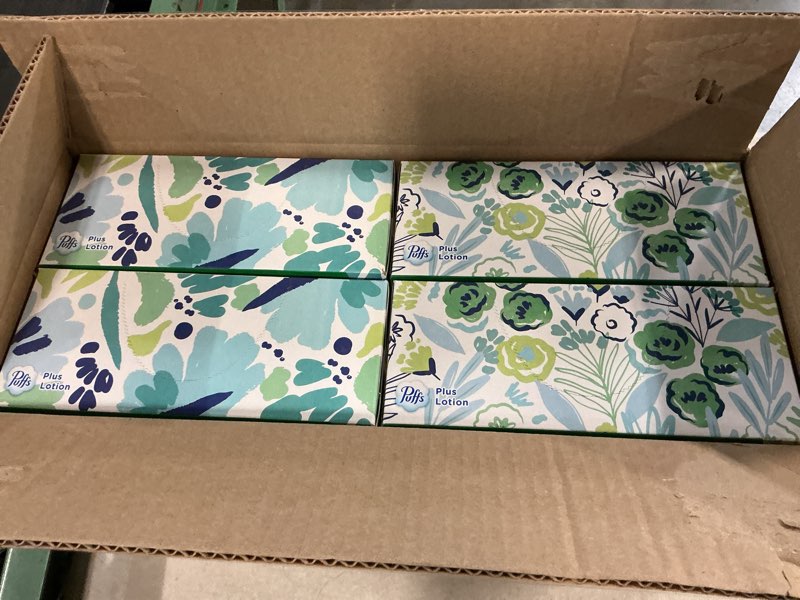 Condition photo showing New/Like New for puffs plus lotion facial tissue, 6 family boxes, 124 tissues per box count per pack 8 selected count per pack:8