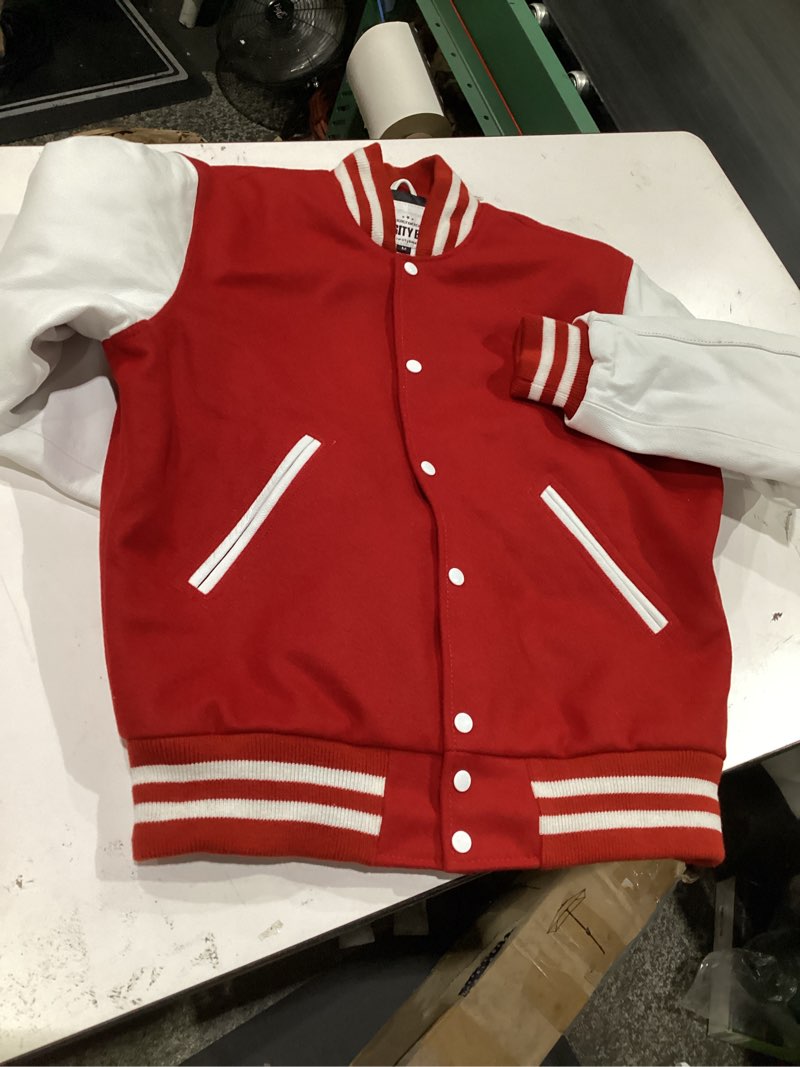 Condition photo showing Good Condition for premium letterman baseball school college bomber varsity jacket purple & gold genuine leather sleeves red white medium