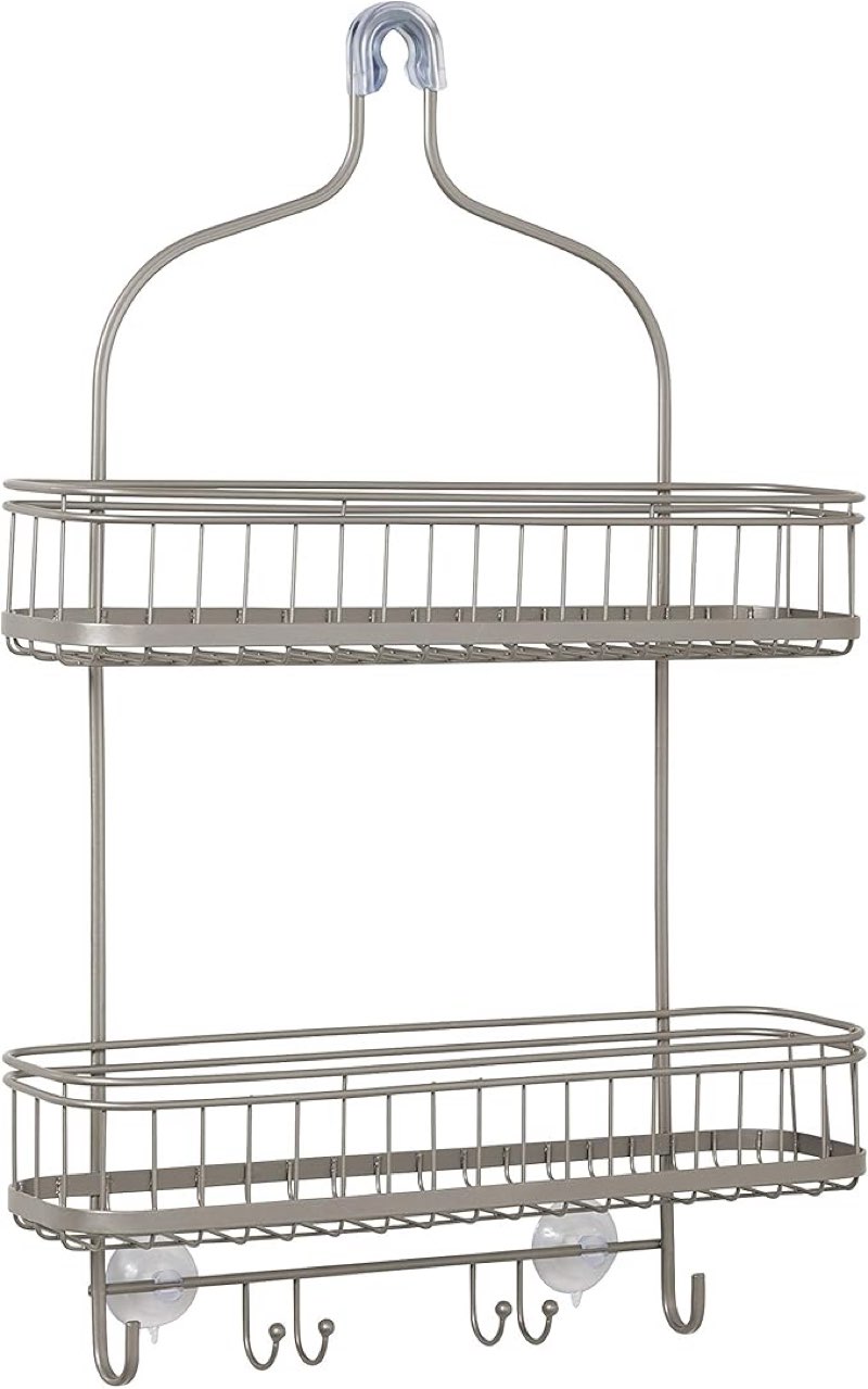 zenna home shower caddy, modern and functional, steel shower rack with 2 extra wide shelves and built-in hooks, satin nickel