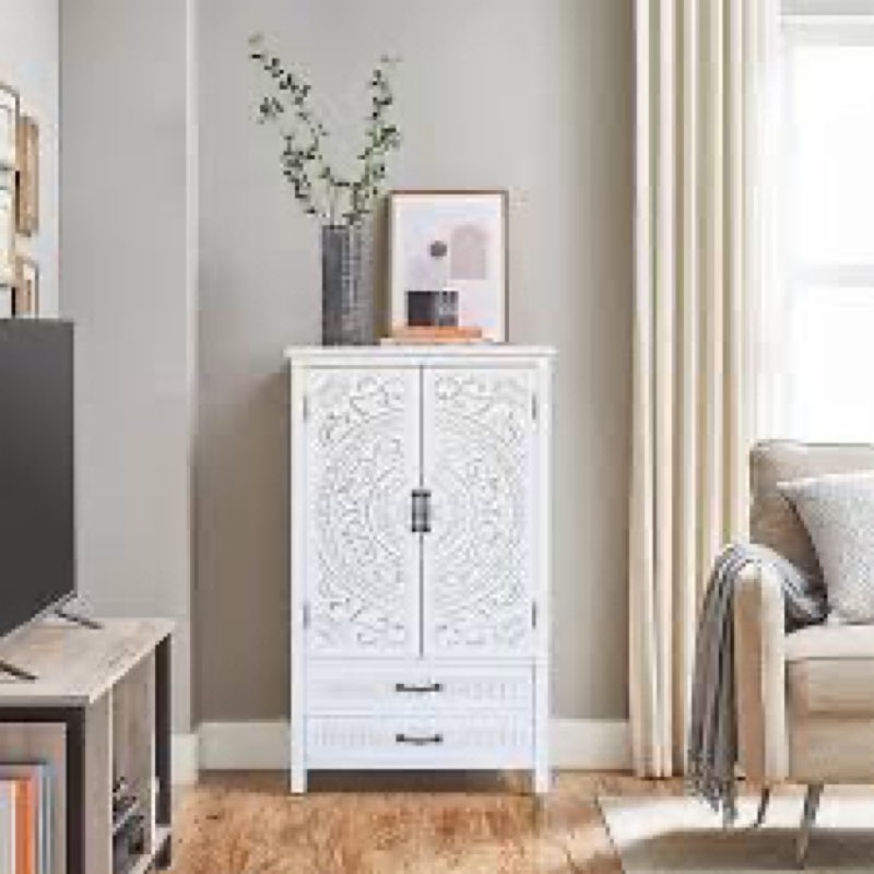 27'' accent tall tower white storage cabinet - rustic wood sideboard pantry cabinet - versatile buffet cabinet with storage for home decor and organization chic cabinet with two doors and two drawers