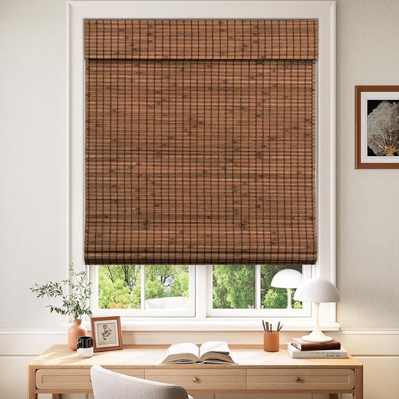 LazBlinds Cordless Blackout Bamboo Roman Shades, Room Darkening Blinds for Interior Windows, Thermal Insulated Roll Up Bamboo Blinds for Home & Patio, 20" W x 64" H, Penang Teak