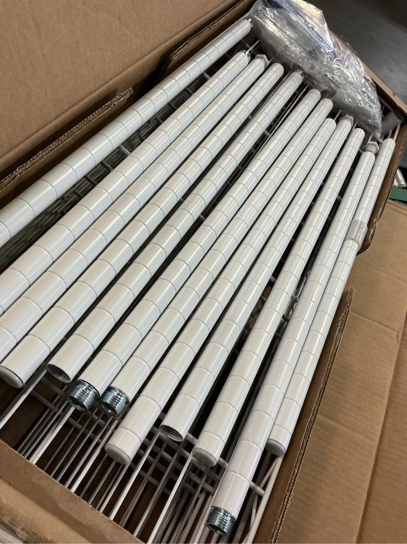 Condition photo showing Good Condition for izeuk 5 tier white metal storage shelves, heavy duty wire shelving rack for garage, kitchen, bathroom, laundry, or closet organization, 1250 lbs capacity, 11.8" d x 29.5" w x 59.5" h 5 tier, 11.8" d x 29.5" w x 59.5" h white