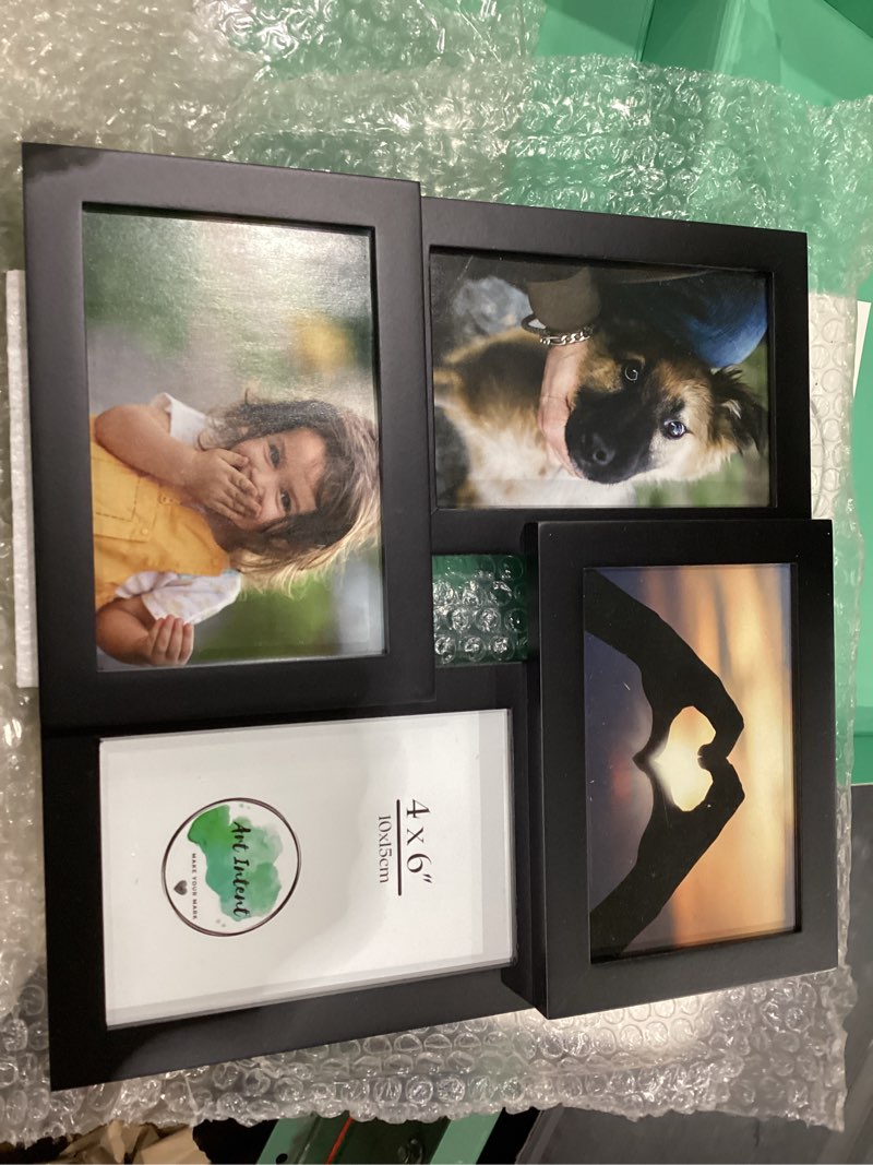 Condition photo showing New/Like New for 4x6 picture frames collage, black multi-frame, 4 photos, multiple pictures, wall or easel stand, individual photo slots, real glass, family, home decor or gift, updated design and packaging