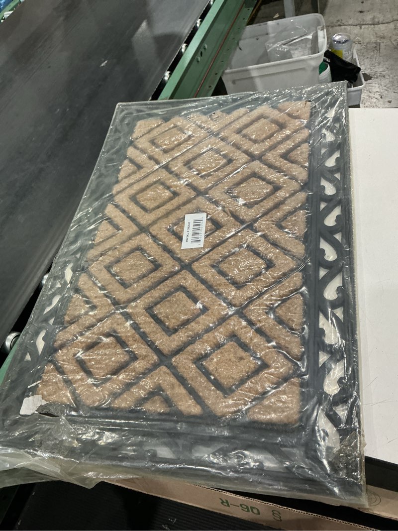 Condition photo showing As Is for scroll diamond black 24 in. x 36 in. rubber and coir non-slip outdoor door mat