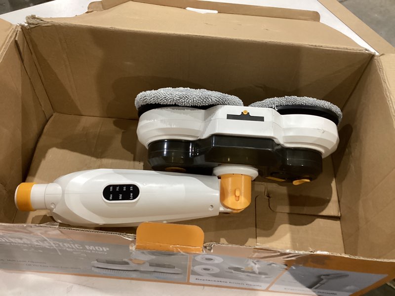 Condition photo showing As Is for cordless electric mop for dewalt 20v battery (no battery), 2 in 1 automatic spin mop & electric floor scrubber machine with led light & water spray, 800 rpm rotating electric mops for floor cleaning white yellow