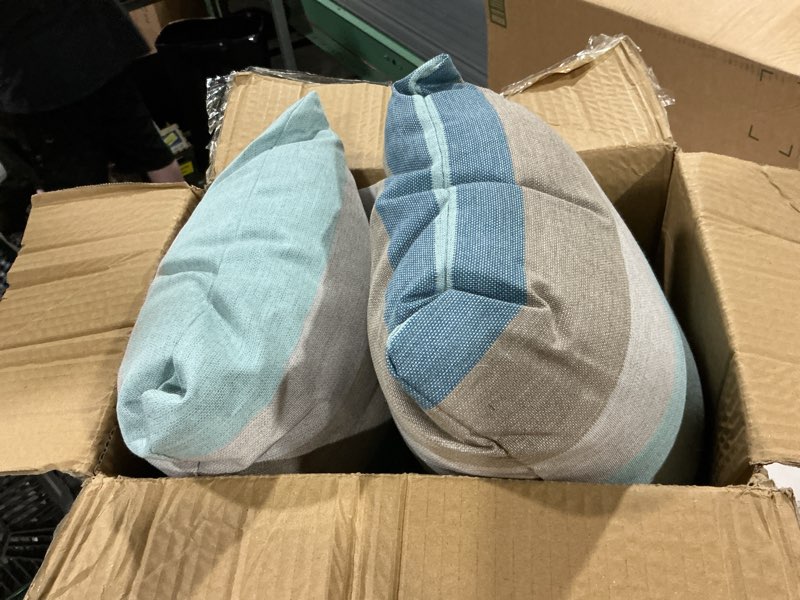 Condition photo showing Good Condition for 1101 design indoor/outdoor sunbrella lumbar pillows, set of 2, 12 x 24, blue & taupe stripes