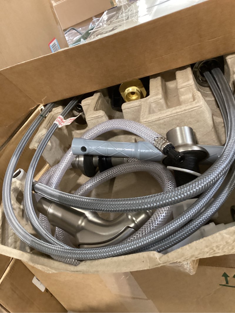 Condition photo showing Good Condition for moen edison spot resist stainless one-handle high arc 4-hole kitchen faucet with side sprayer and soap dispenser, 87042srs