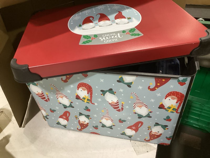 Condition photo showing Good Condition for Simplify “Gnome Sweet Gnome" Design Storage Bin | Christmas Tote | Holiday Décor Decorations Organizer | Lidded | Stackable | White