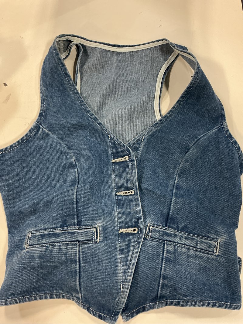 Condition photo showing Good Condition for (Size XS) Ladyful Womens Denim Vest Sleeveless V neck Jean Suit Waistcoat Vest X-Small Medium Blue