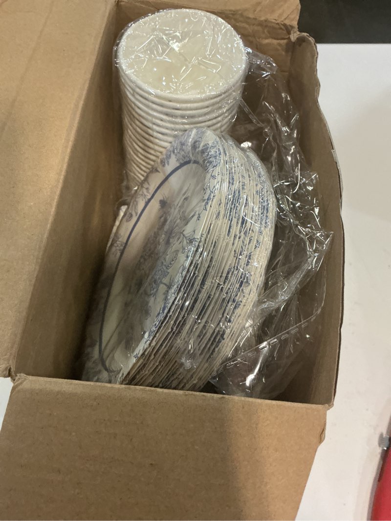 Condition photo showing New/Like New for pickmesh 252 pcs blue floral tea party supplies for 36 guests blue and white porcelain paper disposable dinnerware floral teacups with handle and saucers set for tea party decorations birthday wedding