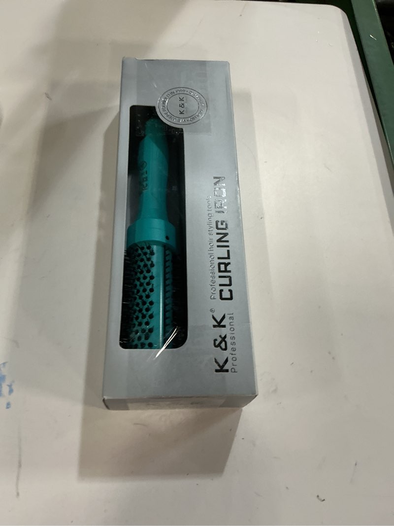 Condition photo showing New/Like New for k&k thermal brush, green 1.5 inch heated round curler, professional heated curling ceramic tourmaline ionic curling iron, hot styling volumizing brush, dual voltage