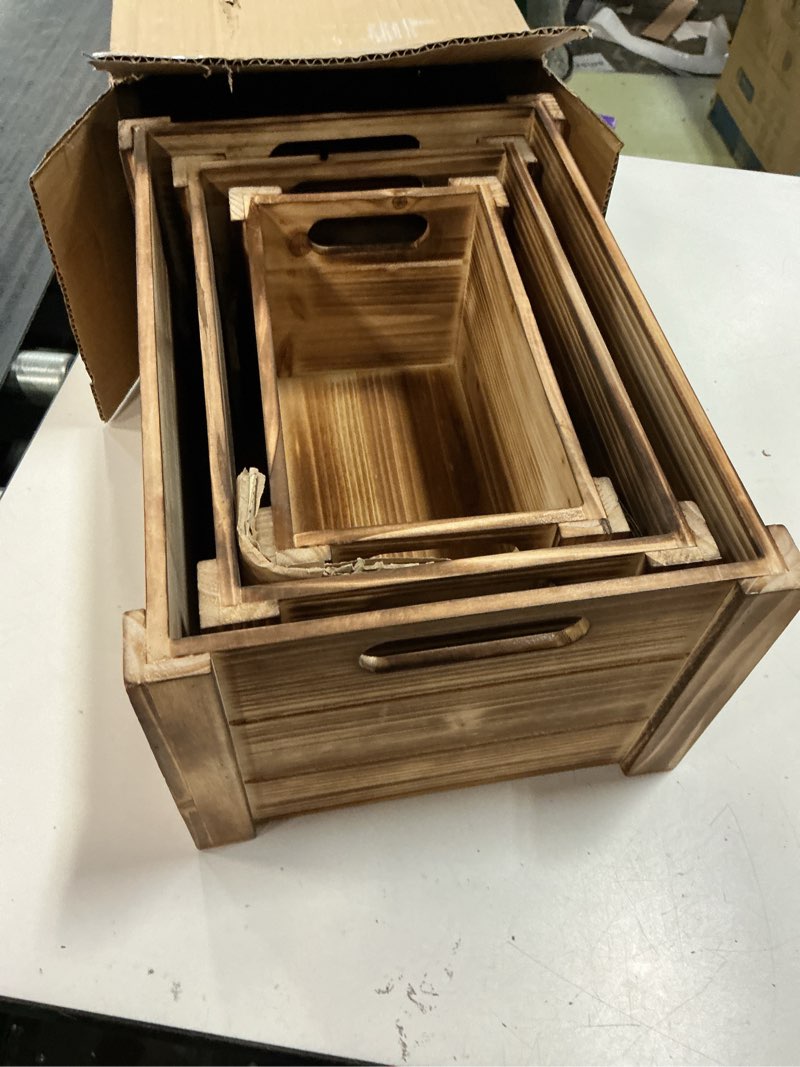Condition photo showing New/Like New for rustic wood crates,storage box, wooden crate set for pantry organizer storage, closet, arts & crafts,decorative box, cabinet organizers,nesting crate wood?storage box (13.78*9.8*7, brown)