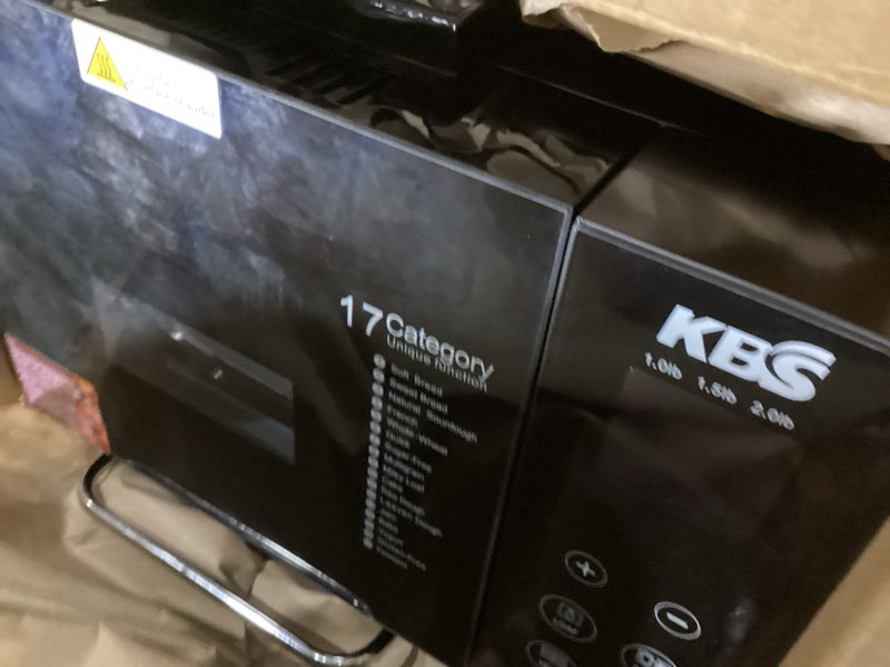 Condition photo showing As Is for kbs premium 2lb convection bread maker dual heaters, 710w stainless steel 17-in-1 bread machine healthy ceramic pan, nut dispenser,touch panel, 3 loaf sizes 3 crust colors, 15h timer,low noise,recipes black stainless steel