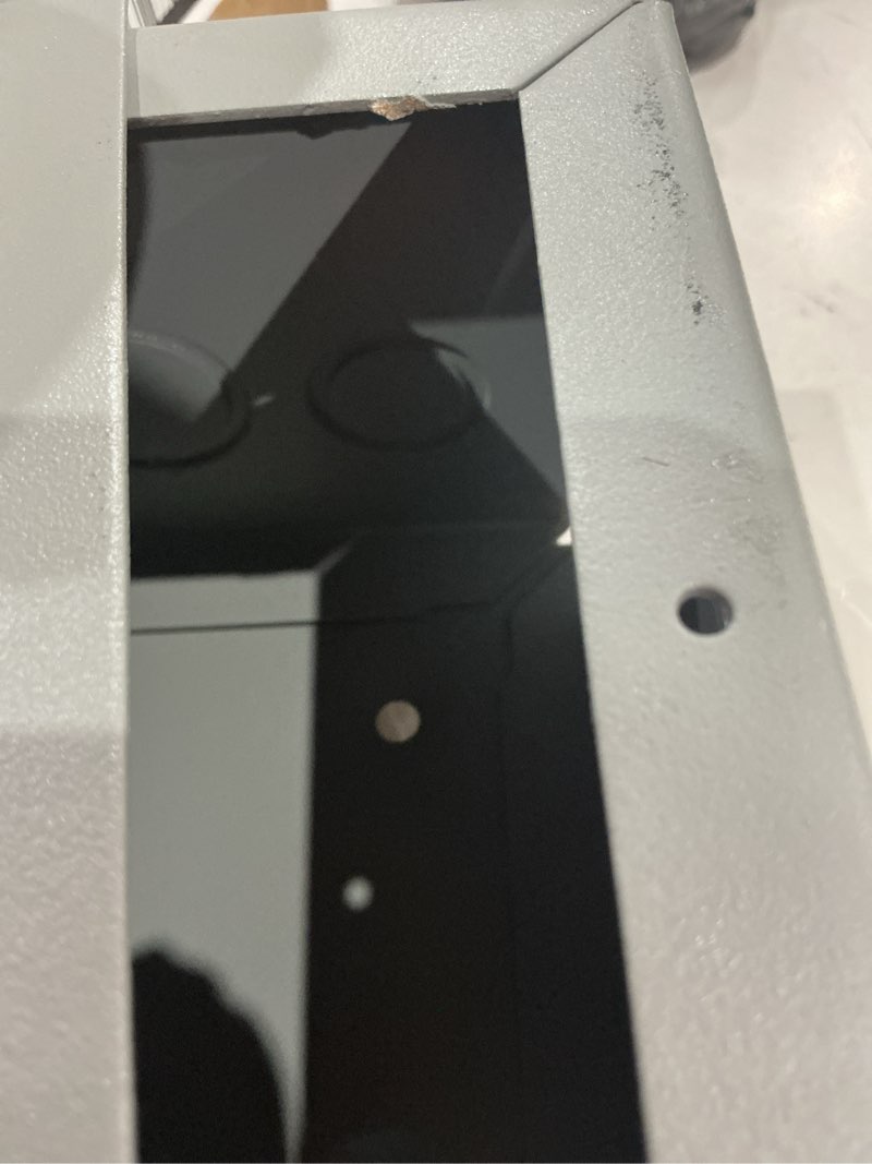 Condition photo showing As Is for (used)n1 weigmann 6 in. w x 6 in. h x 4 in. d carbon steel gray screw-cover wall mount box, 1-pack