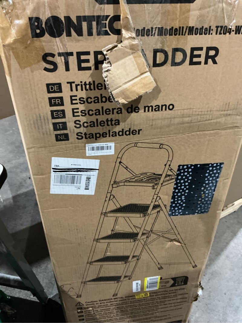 Condition photo showing New/Like New for bontec 4-step ladder, 400lbs max load, folding step stool with tool tray, anti-slip pedals, sturdy steel, lightweight portable ladder with handrail for home & work use, white 4-step, 400lbs max load white