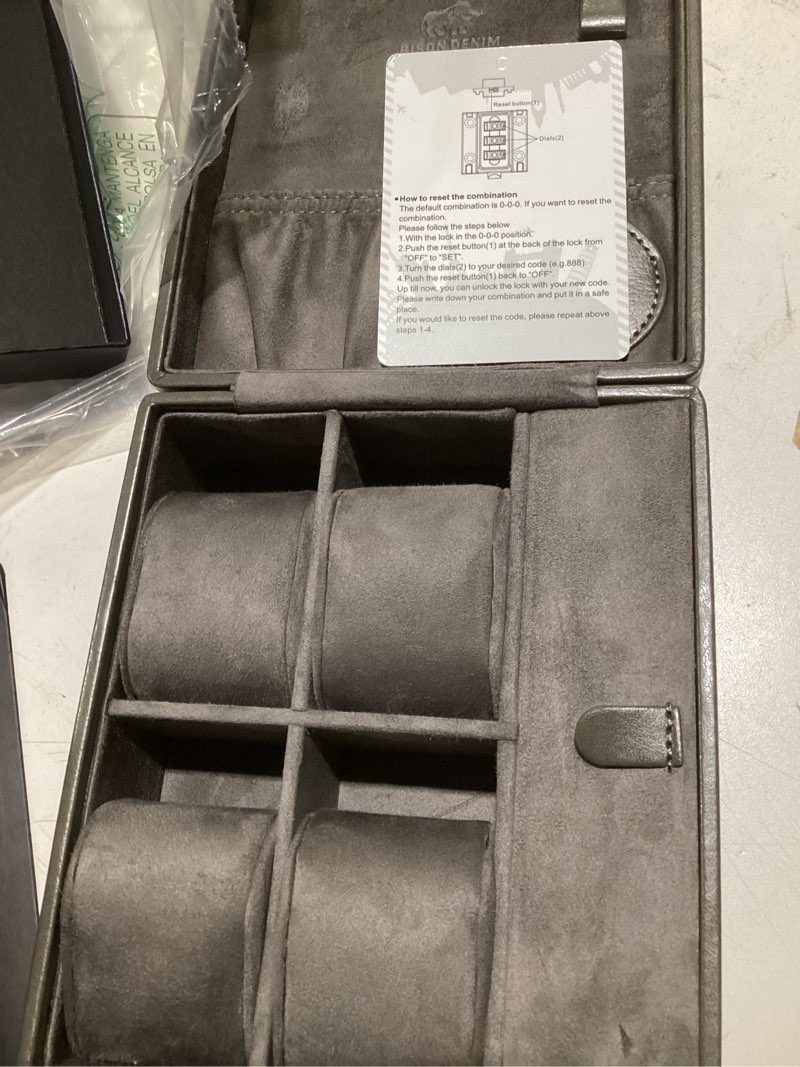 Condition photo showing Good Condition for bison denim watch box, 4 watch travel case with combination lock - pu leather men's watch storage box & jewelry organizer with ring slots & necklace hooks, secure travel case, grey grey 4-slot