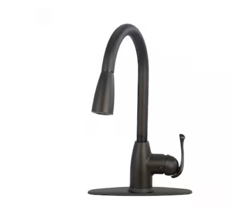 project source tucker matte black single handle deck-mount pull-down kitchen faucet with sprayer (includes deck plate)
