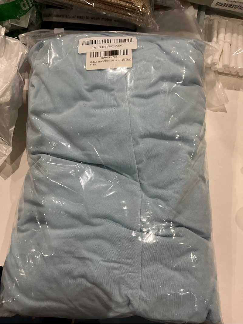 Condition photo showing As Is for qubjus 2 pack stretch spandex round base tablecloth for round cocktail table 32"×43" elastic fitted cover for weddings, banquets, parties, restaurants - light blue light blue 32''x43''
