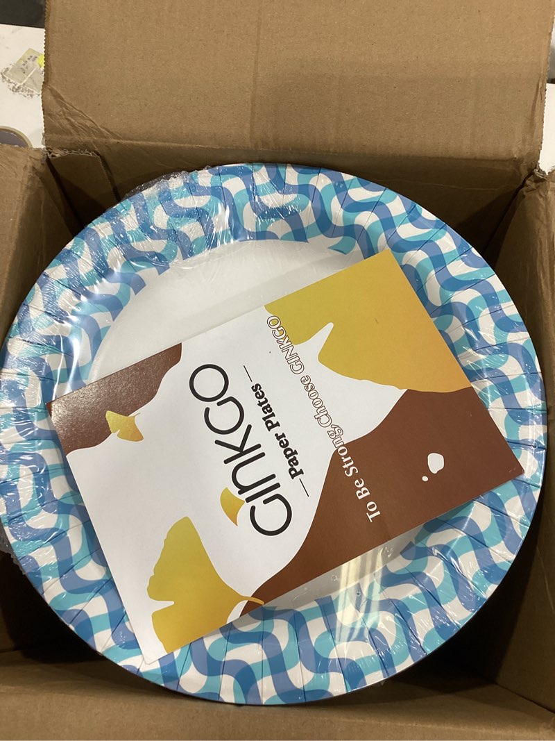 Condition photo showing As Is for Ginkgo Paper Plates 10 inch Bulk 300 Count, Thickened Disposable Plates Large Heavy Duty Dinner Paper Plates for Holiday, Party, Picnic and Everyday Use 10inch-300