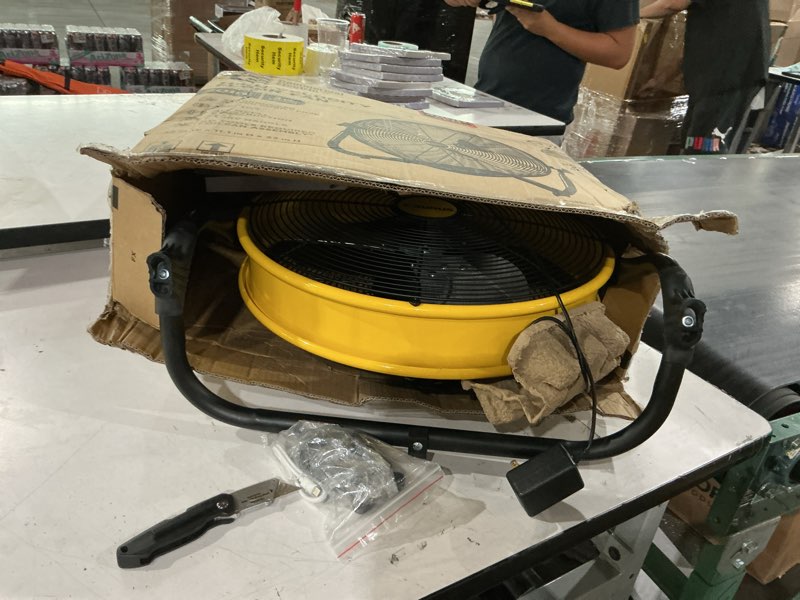 Condition photo showing As Is for t-sunus 12" solar powered floor fan, rechargeable battery battery powered fans 13200mah & 20w panel, 1500 cfm metal cordless fan, 4.5–27h runtime for outside camping garage greenhouse power outage 12'' fan large kit