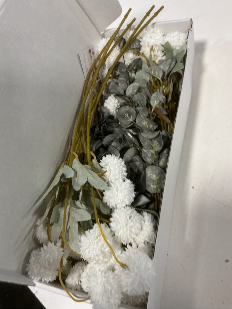 Condition photo showing New/Like New for RyddeligHome White Faux Kiku Flowers for Vase - 10 Long Stem Artificial Flowers with Eucalyptus, Realistic Winter Floral Stems for Tall Vases, Farmhouse Home Decor (Premium Quality) -White