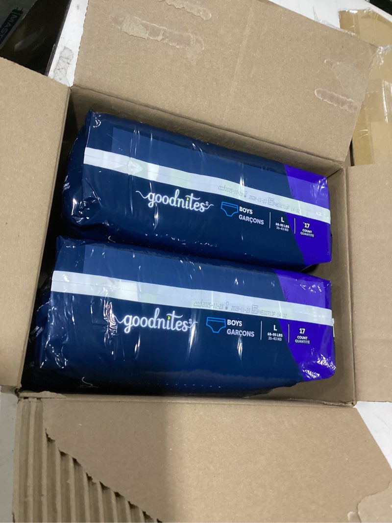 Condition photo showing New/Like New for goodnites boys' nighttime bedwetting underwear, size large (68-95 lbs), 34 ct (2 packs of 17), packaging may vary large 34