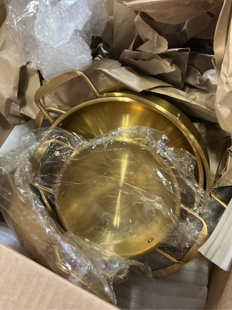 Condition photo showing Good Condition for okllen set of 3 korean ramen noodle pot with handles, stainless steel everyday pan, golden korean cooking pot for soup, noodle, pasta, home and outdoor, dishwasher safe, size 7", 8.7", 9.5"