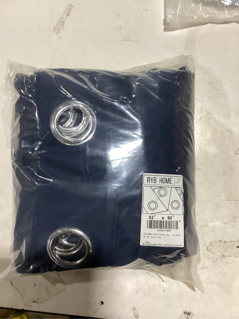 Condition photo showing New/Like New for ryb home 100% blackout navy blue curtains for living room, grommet heat & uv blocking total room darkening noise reducing curtains for sunroom nursery, 52 inches wide by 90 inches long 52"w x 90"l (pack of 2) navy blue