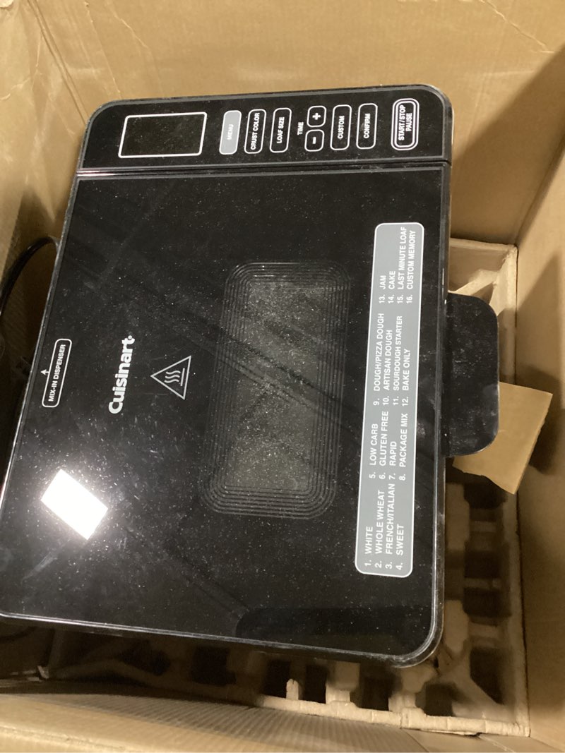 Condition photo showing As Is for Cuisinart Bread Maker Machine, Stainless Steel Convection Bread Machine with 16 Menu Options, 3 Loaf Sizes Up to 2 Lb., 3 Crust Colors, Includes Measuring Cup, Spoon & Kneading Hook, CBK-210 Convection Machine