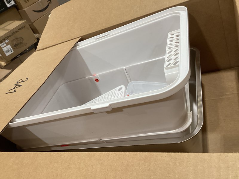 Condition photo showing As Is for Stainless Steel Cat Litter Box with Lid, 180° Flip-Top XL Extra Large Enclosed Litter Box, Covered Metal High Sided Litter Pan with Steps & Scoop, Easy Cleaning, Odor Control,Non-Sticky-White Flip Top White
