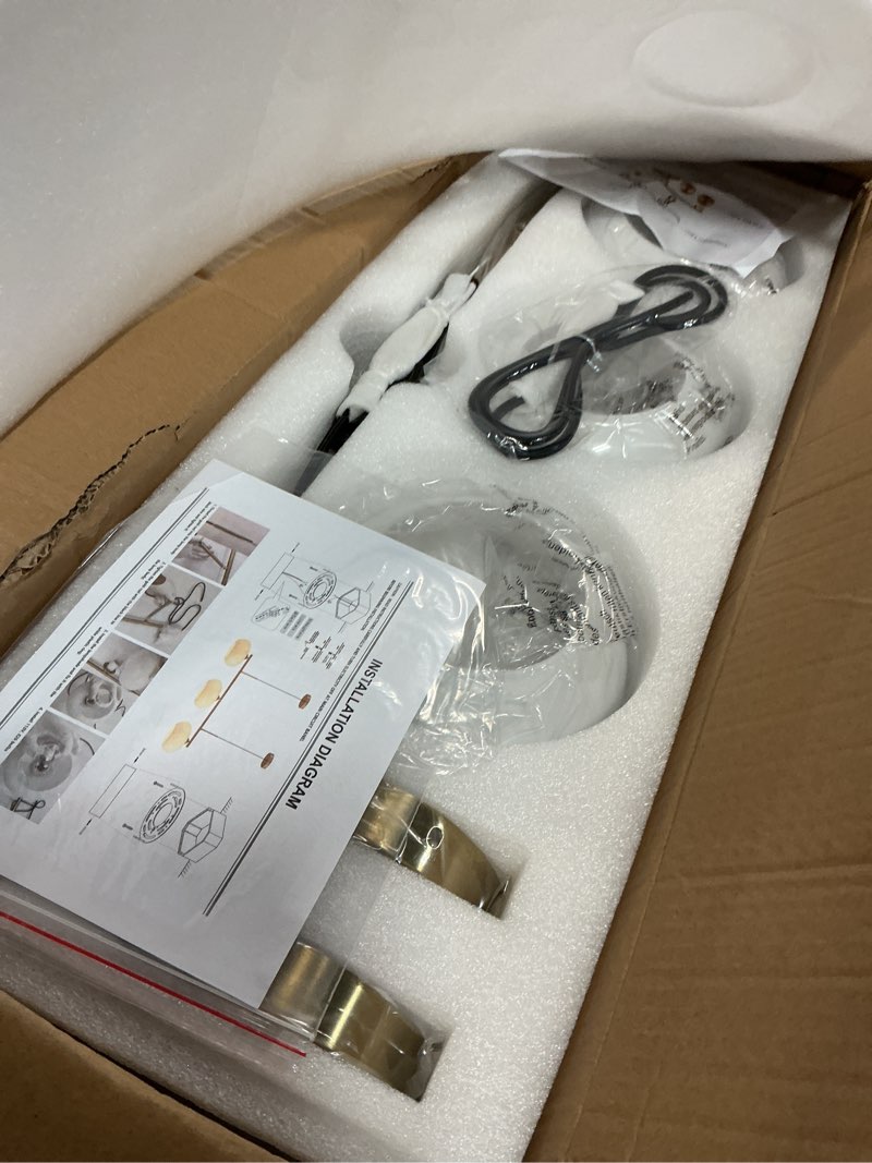 Condition photo showing As Is for kco lighting 3 light linear pendant lighting milk glass flush mount ceiling light brass gold chandelier light fixture modern globe linear chandelier dining room dining room over table