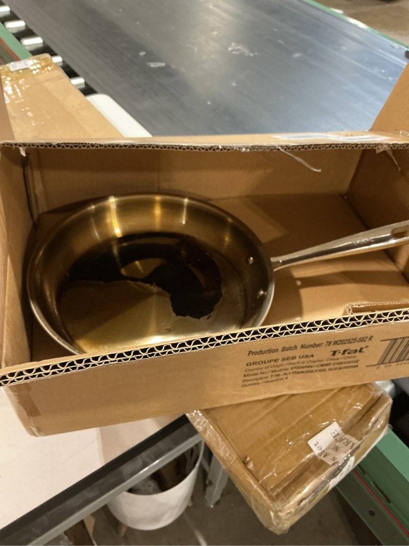 Condition photo showing As Is for t-fal pro tri-ply stainless steel fry pan 10 inch induction cookware, oven safe 500f, fast & even heat, professional quality & durability, frying pan, skillet, cookware, silver fry pan 10-inch