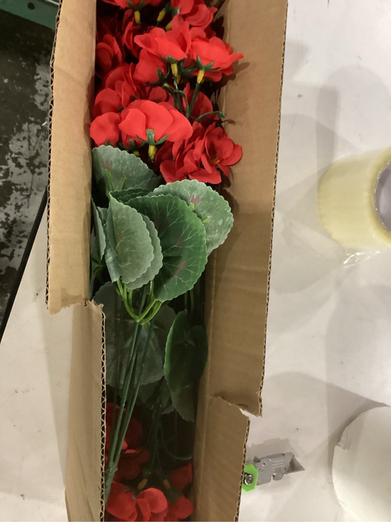 Condition photo showing Good Condition for artificial geraniums fake flowers for outdoors decoration, 6 bundles silk geraniums red flower uv resistant look real faux plants for front door garden porch planter patio balcony yard indoor home 6 red