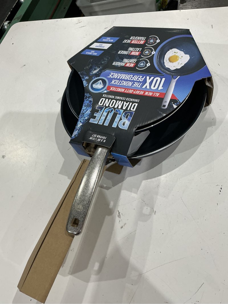 Condition photo showing As Is for blue diamond 2 piece nonstick frying pan set, 9.5” & 11" skillets, pfas-free ceramic, dishwasher & oven safe, stainless steel handle, durable metal utensil safe, egg & omelet pans, blue blue 9.5" and 11" frying pan skillet set