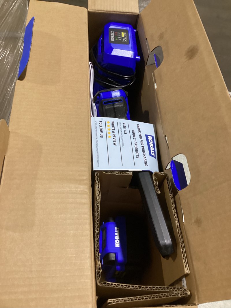 Condition photo showing As Is for kobalt 24-volt 6-in battery chainsaw battery not included charger not included