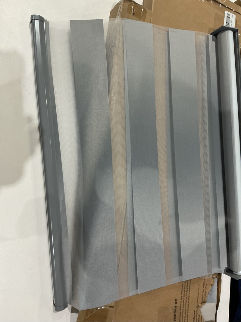 Condition photo showing As Is for zebra blinds, free-stop dual layer shades, light filtering privacy, light control sheer shades for home, blinds for indoor windows, easy to install (34" w x 72" h, grey) 34"w x 72"h grey