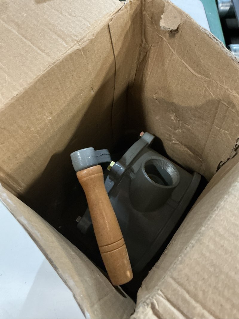 Condition photo showing As Is for aluminum drum rotary hand pump for 30-40 gallon gas & diesel caddy, easy to handle, 1-1/4" inlet & outlet pipe (only pump body & hand crank)