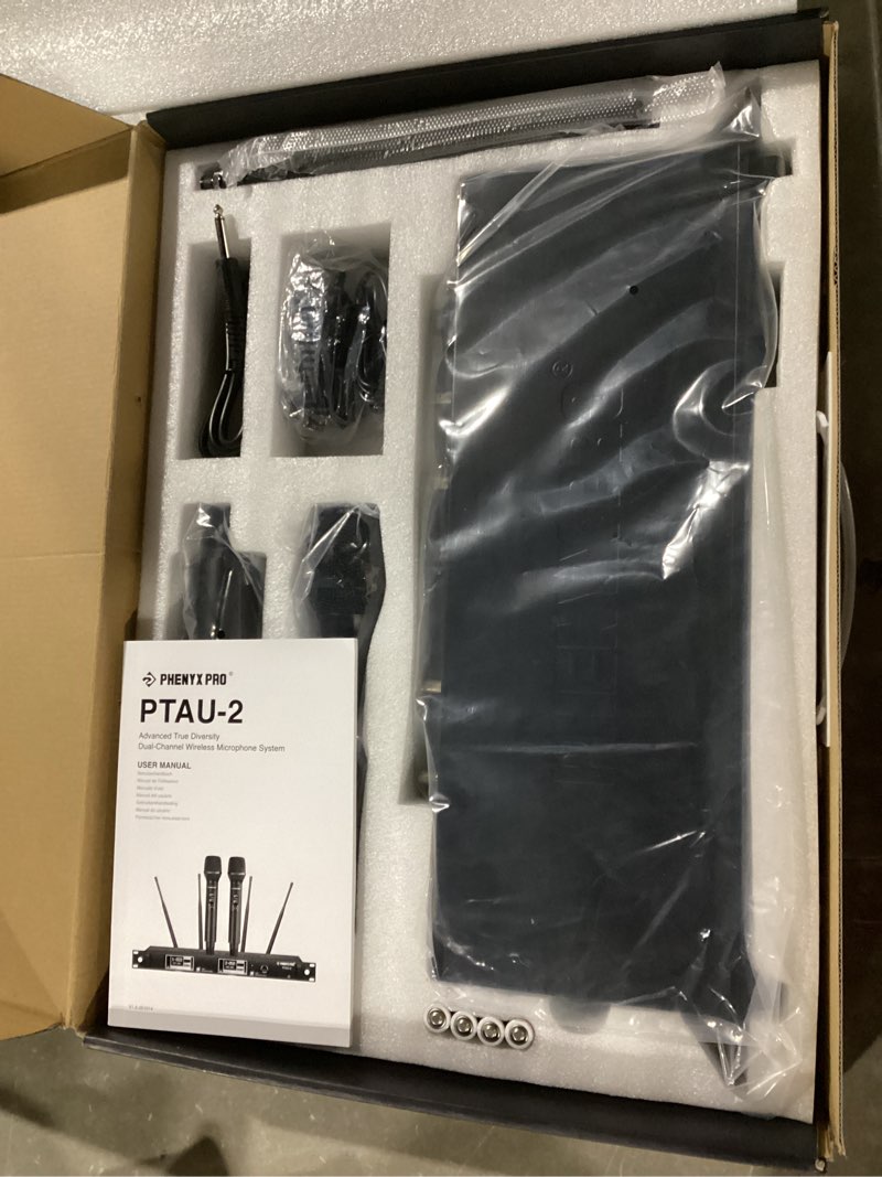 Condition photo showing New/Like New for phenyx pro dual-channel wireless microphone system, dynamic mics w/id lock, tunable power level, auto scan, spectrum analyzer, true diversity cordless handheld for singing, dj, karaoke (ptau-2)