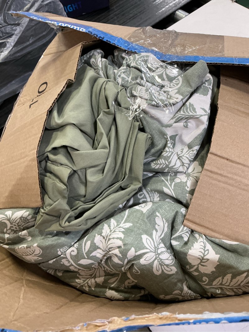 Condition photo showing As Is for Queen Comforter Set -7 Pieces Floral Grey Green Comforter Set for All Seasons, Bed in a Bag Queen with Botanical Flowers Comforter, Sheets, Pillowcases & Shams Grey Green Queen