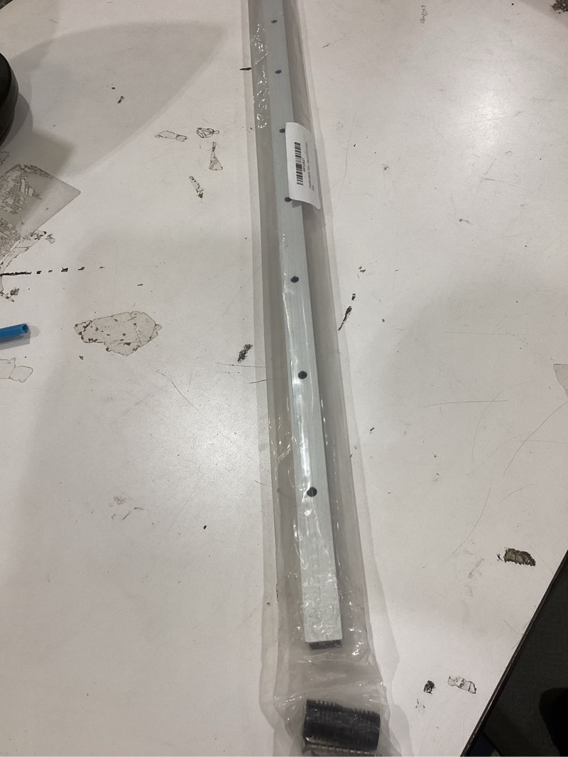 Condition photo showing Good Condition for 3/4 inch square silver aluminum pre-drilled pickets with mounting brackets for 1/8" level cable railings (42" high with 13 holes at 3-1/8" on-center) 42" w/ level holes silver