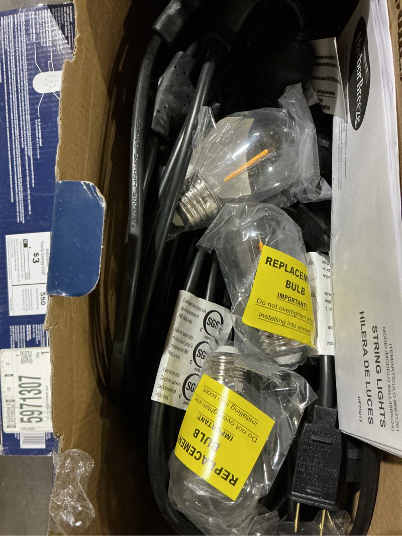 Condition photo showing Good Condition for used harbor breeze 48-ft plug-in black indoor/outdoor string light with 24 white -light led edison bulbs