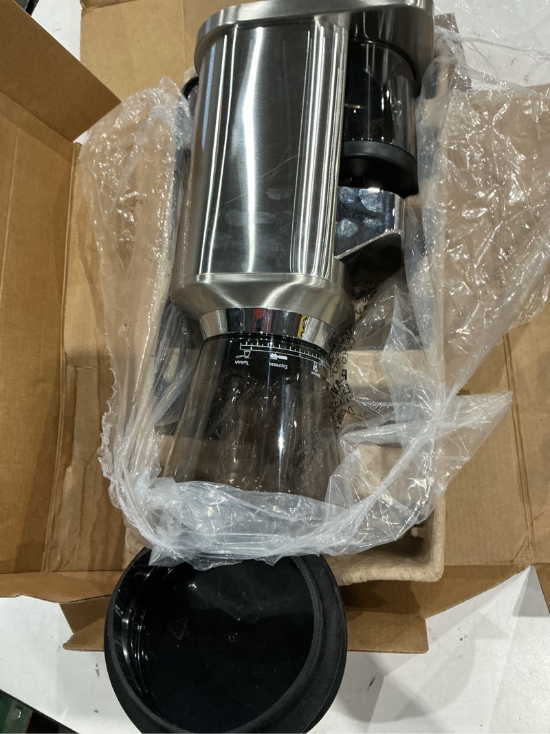 Condition photo showing As Is for conical burr coffee grinder for home use, anti-static espresso grinder with 34 grind settings, 40mm stainless steel burr, 0.1s timer, portafilter holder, touchscreen, silver