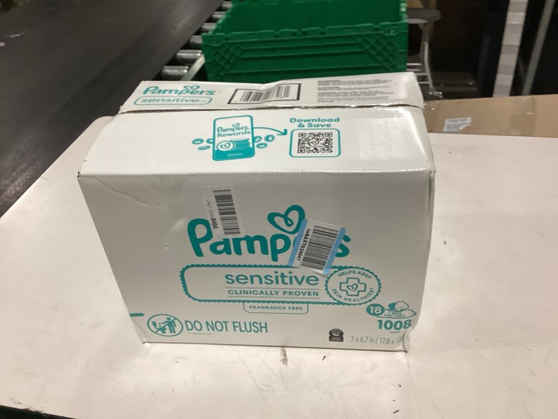 Condition photo showing As Is for pampers sensitive baby wipes, water based, clinically proven, hypoallergenic, and unscented for babies, 1008 wipes total (18 flip-top packs) [packaging may vary] 56 count (pack of 18)