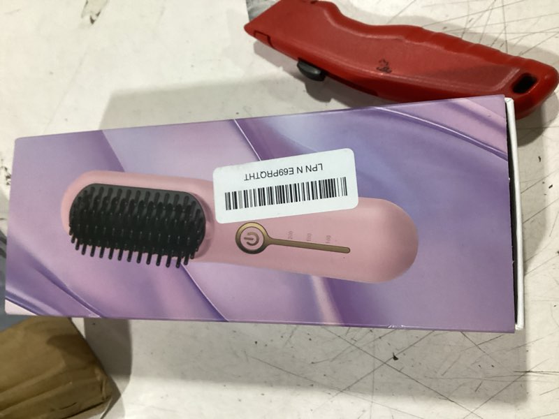 Condition photo showing Good Condition for cordless hair straightener brush, portable ionic plus frizz-free straightening brush, rechargeable touch up on-the-go brush, mch fast heating, 5d dense bristles, auto-off, anti-scald for women travel light pink