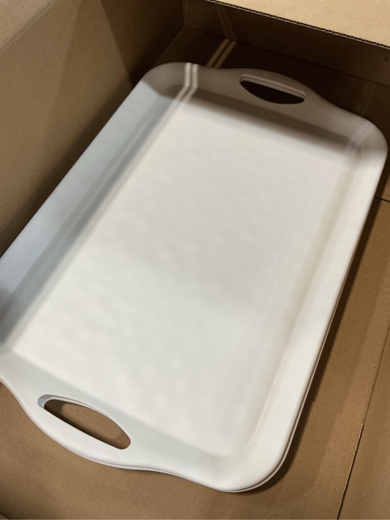 Condition photo showing Good Condition for extra large serving tray with handles, 20x13 inch, set of 2 melamine platters for serving food, turkey, cookie, rectangular trays for eating, raised dots matt finished, dishwasher safe, white