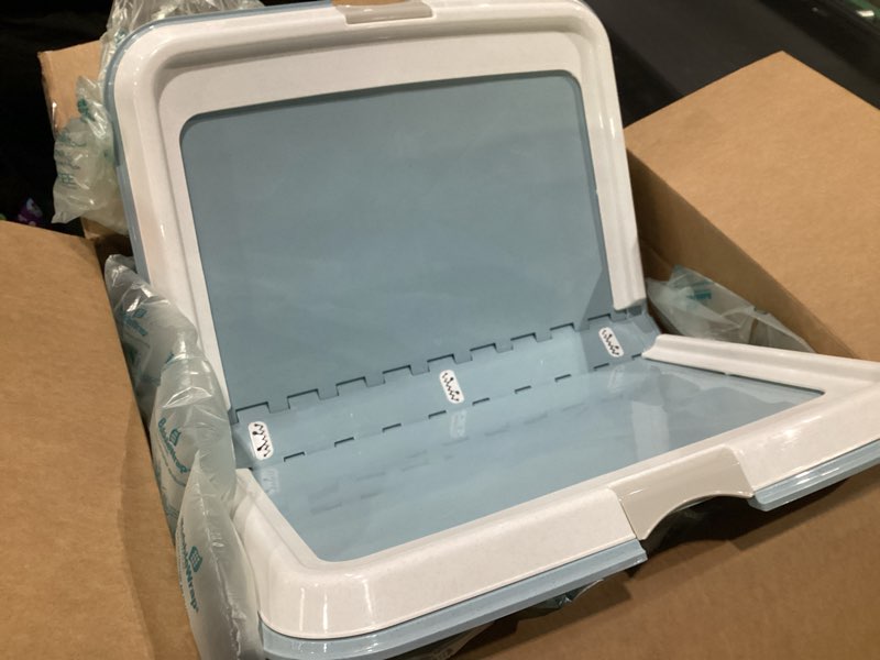Condition photo showing Good Condition for IRIS USA Pee Pad Holder - for Large Sized Dog and Puppy Pee Pads, Secured Latches, Non-Skid Feet, High Polish Finish for Easy Cleaning, Leak Protection, Fits 23"x35" Pad or Larger, Square, Blue Large Blue