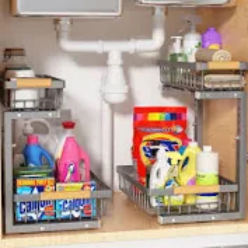 Liuoud Under Sink Organizer Storage 2 Pack, 2 Tier Slide Out Height Adjustable Pull Out Cabinet Orga